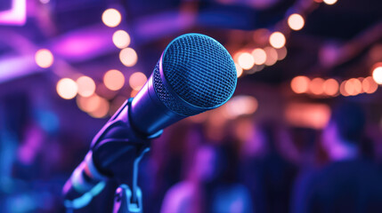 Close-up of microphone on stage with colorful bokeh lights in background