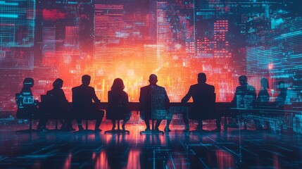 Business Professionals in Meeting with Digital Technology Background