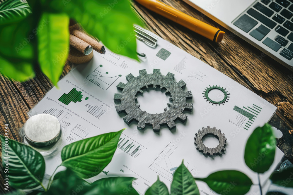 Poster business growth strategy visualized with gears and charts on a wooden table, surrounded by greenery.