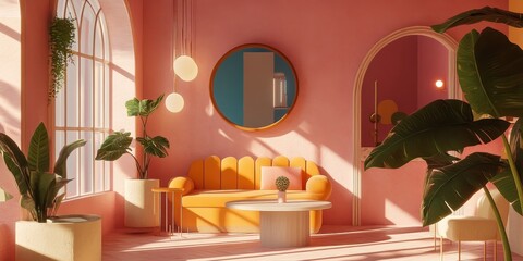 Fototapeta premium Interior design featuring furniture plants mirror and arched window