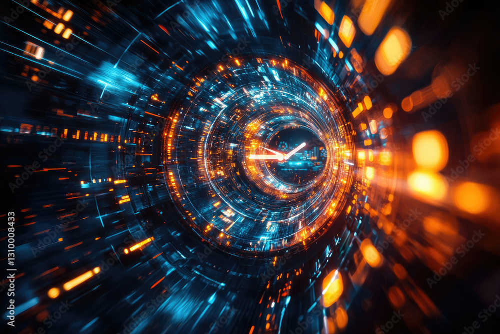 Poster Abstract digital art depicting a clock inside a swirling tunnel of light and data, symbolizing the flow of time in the digital age.
