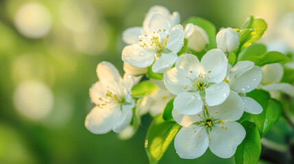 Beautiful blooming white flowers with dew drops in lush greenery