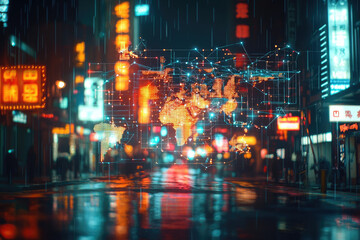 A digital world map overlaid on a rain-soaked city street at night, illustrating global connectivity and urban technology.