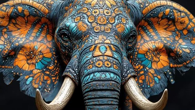 Ornate elephant head, decorative art, detailed design, close-up view, studio shot