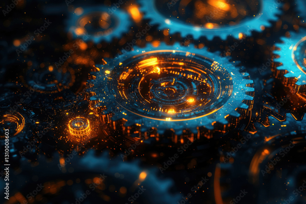 Poster Intricate, glowing gears interlock, creating a mesmerizing display of intricate mechanical artistry.