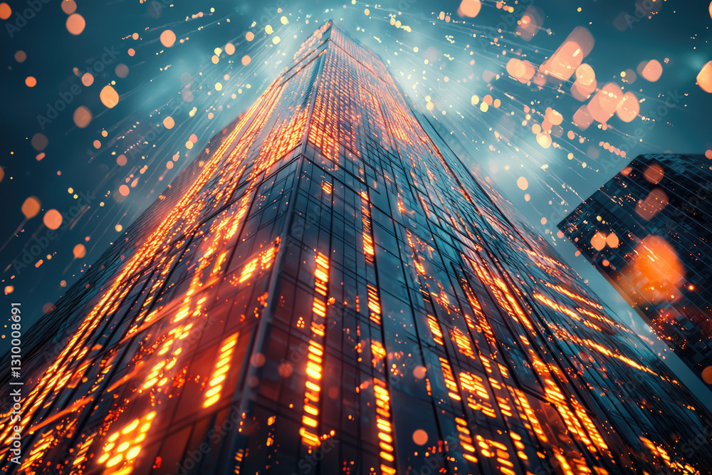 Poster a futuristic skyscraper illuminated with vibrant digital code, symbolizing technological advancement