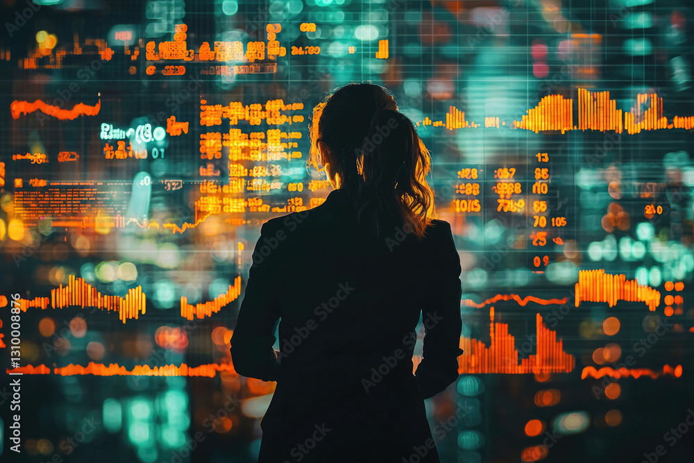 Poster a woman stands silhouetted against a large screen displaying dynamic financial data and stock market