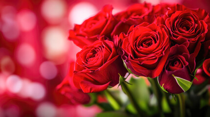 Obraz premium Vibrant red roses with soft bokeh background and lush greenery