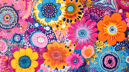 Colorful floral pattern with vibrant pink, orange, and blue blooms
