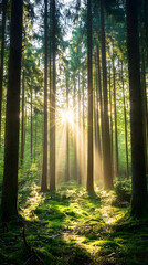 Fototapeta premium Beautiful forest with tall trees and sunlight shining through the foliage, creating an enchanting natural landscape 