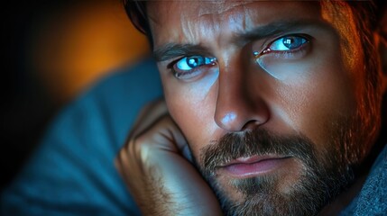 Obraz premium Pensive man, blue eyes, dramatic lighting, serious expression.