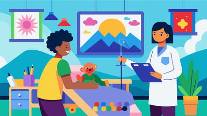 Fototapeta premium In a hospital room a young patient receives art therapy as a way to cope with the side effects of their endoflife treatment creating colorful. Vector illustration