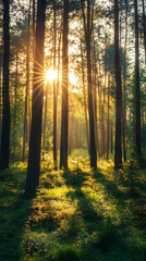 Beautiful forest with tall trees and sunlight shining through the foliage, creating an enchanting natural landscape
