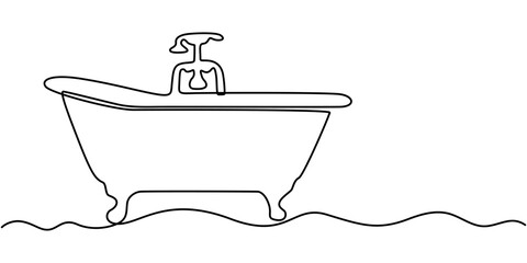 Continuous one line drawing of bathtub design. Simple bath in single line draw illustration. Continuous Line Drawing of Baby Bath Icon. Hand Drawn Symbol Vector Illustration.table stroke. 