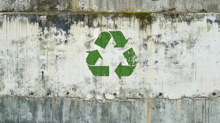 Weathered concrete wall with green recycling symbol for environmental conservation
