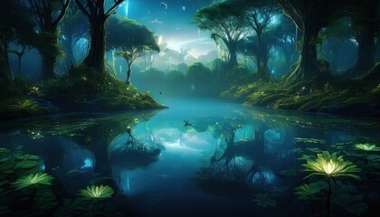 Obraz premium In a magical forest, tall trees reflect vibrant colors on a tranquil water surface at twilight.