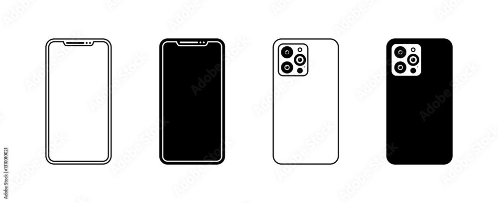 Poster flat linear icons set of smartphones with front and back views.