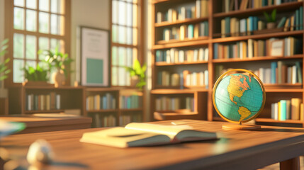 Fototapeta premium Sunlit library with globe and open book on wooden table