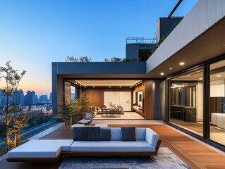 An exterior shot of a modern luxurious penthouse apartment building