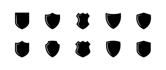 Flat vector icons set of shield shapes - minimalist black silhouettes.