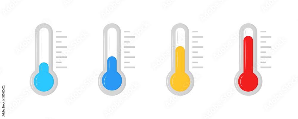 Poster flat thermometer icons set with various temperature levels in linear style.