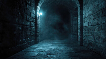 Mysterious dimly lit stone corridor with fog and blue light