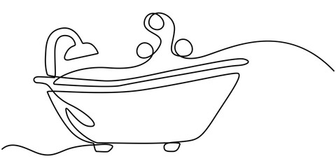 Continuous one line drawing of bathtub design. Simple bath in single line draw illustration. Continuous Line Drawing of Baby Bath Icon. Hand Drawn Symbol Vector Illustration.table stroke. 