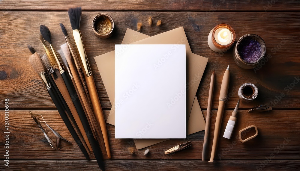 Poster rustic tableau artistic abundance on a weathered wooden table with an array of art supplies, set aga
