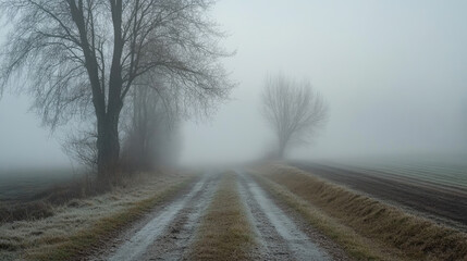 Obraz premium Foggy rural landscape with bare trees and dirt road on misty morning