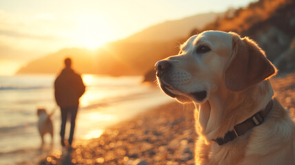 Golden retriever on sunset beach with man walking in background