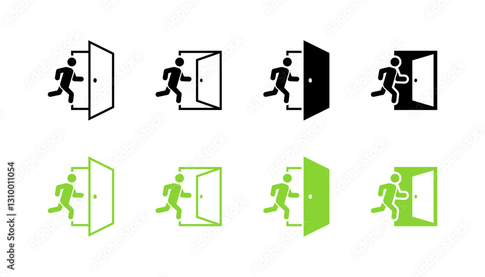 Aufkleber emergency exit icons set: flat style vector illustrations of running figure and door.