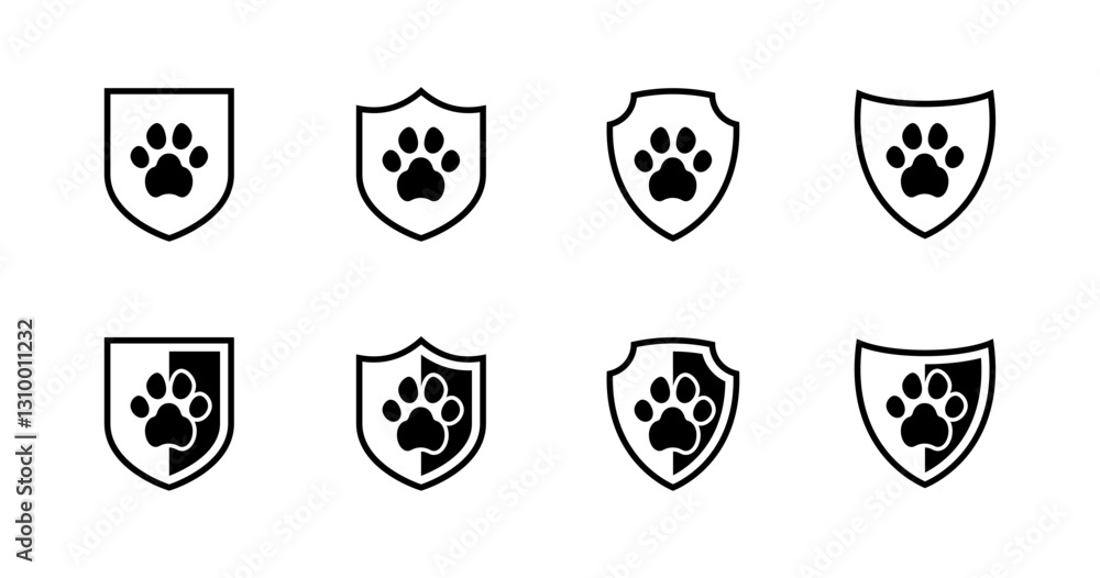 Poster flat linear icons set: paw print shields vector collection in various designs.