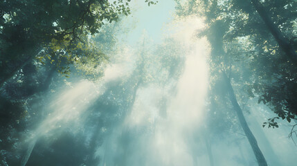 Obraz premium Beautiful forest with tall trees and sunlight shining through the foliage, creating an enchanting natural landscape 