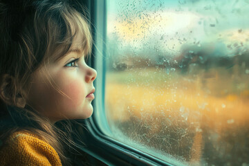 A young girl with long brown hair gazes out a rain-streaked window, lost in thought.