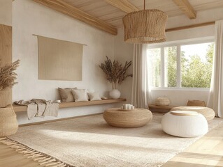 A modern neutral living room with natural light and decor