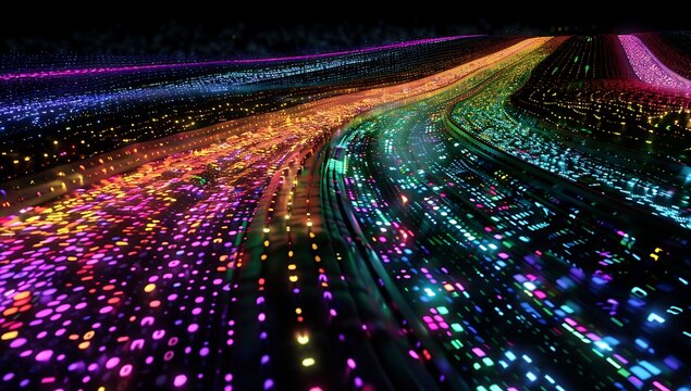 A digital highway made of glowing data streams, representing the fast-paced nature of technology and AI development