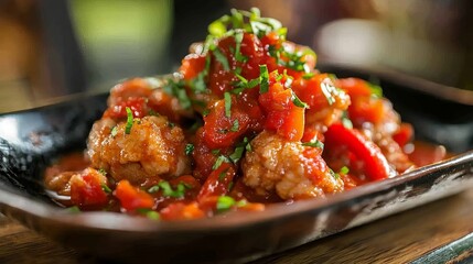 Fototapeta premium Fried chistorra sausage with tomato and peppers�a classic Spanish tapas dish. 