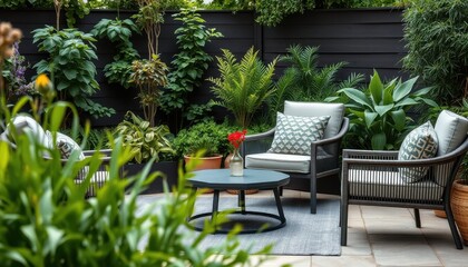 Obraz premium Relaxing outdoor living space urban garden home decor lush greenery cozy atmosphere tranquil retreat