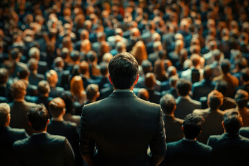 Obraz premium A man in a suit stands before a large audience, addressing them in a presentation or speech.