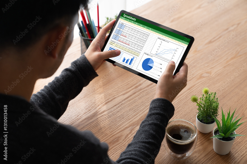 Poster spreadsheet document information financial startup concept. data and graphs in spreadsheet documents