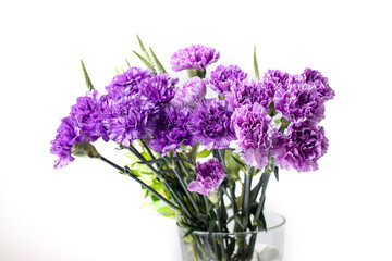Wedding bouquet of purple Moondust carnations in a glass vase against a light background. Space for text.