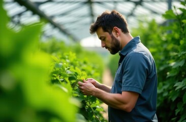 Agricultural scientist examining plants in greenhouse environment for sustainable farming research