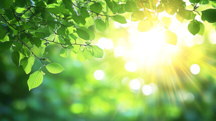 Obraz premium Sunlight filtering through green leaves in a lush forest canopy