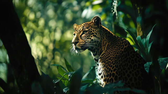 Majestic leopard in lush green jungle setting with sunlight filtering through leaves