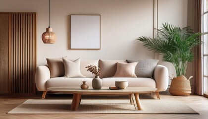 Minimalist Chic Cozy Living Room Interior Showcasing Sleek Wooden Furniture, Comfortable Seating, and Stylish Decor Set Against a Neutral Backdrop, Perfect for Home Design Inspiration or Digital
