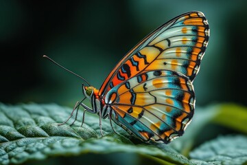 Vibrant butterfly perched on green leaf, tropical colors.