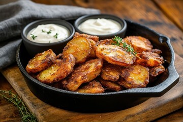 Fototapeta premium Crispy roasted potatoes with herbs and dipping sauce in cast iron skillet.