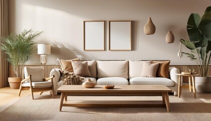Cozy Minimalist Living Space with Stylish Furniture, Warm Wood Tones, and Modern Ambiance, Showcasing the Perfect Balance of Functionality and Aesthetics.