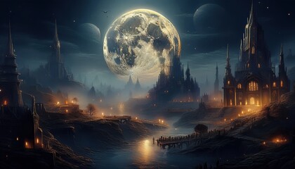 Fototapeta premium A stunning village glows under the moon, alive with enchanting lights and magical towers.