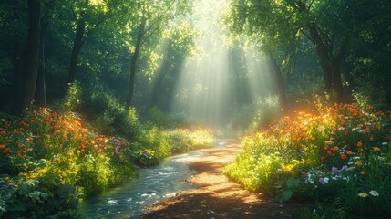 Fototapeta premium Sunlit forest path, stream, vibrant flowers.